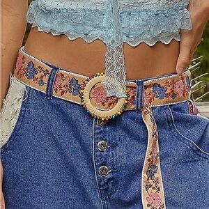 POL Floral Embroidered Belt with Beaded Buckle